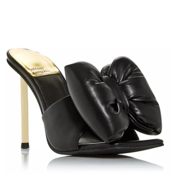Jeffrey Campbell Bow-Down High Heel Slide Sandals In Black And Gold Size 7